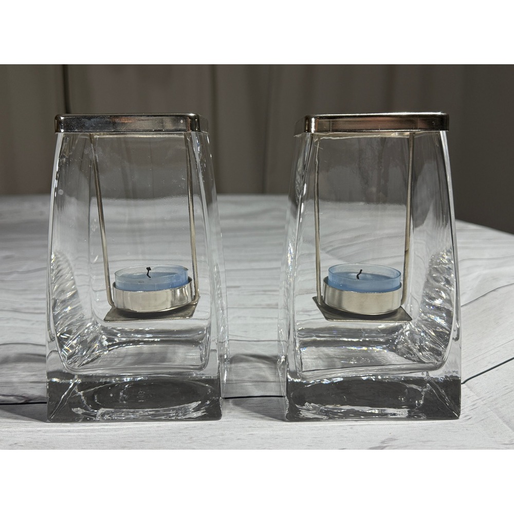 Set of 2 Modern Glass Hurricane Lanterns with Suspended Silver Tea Light Holders